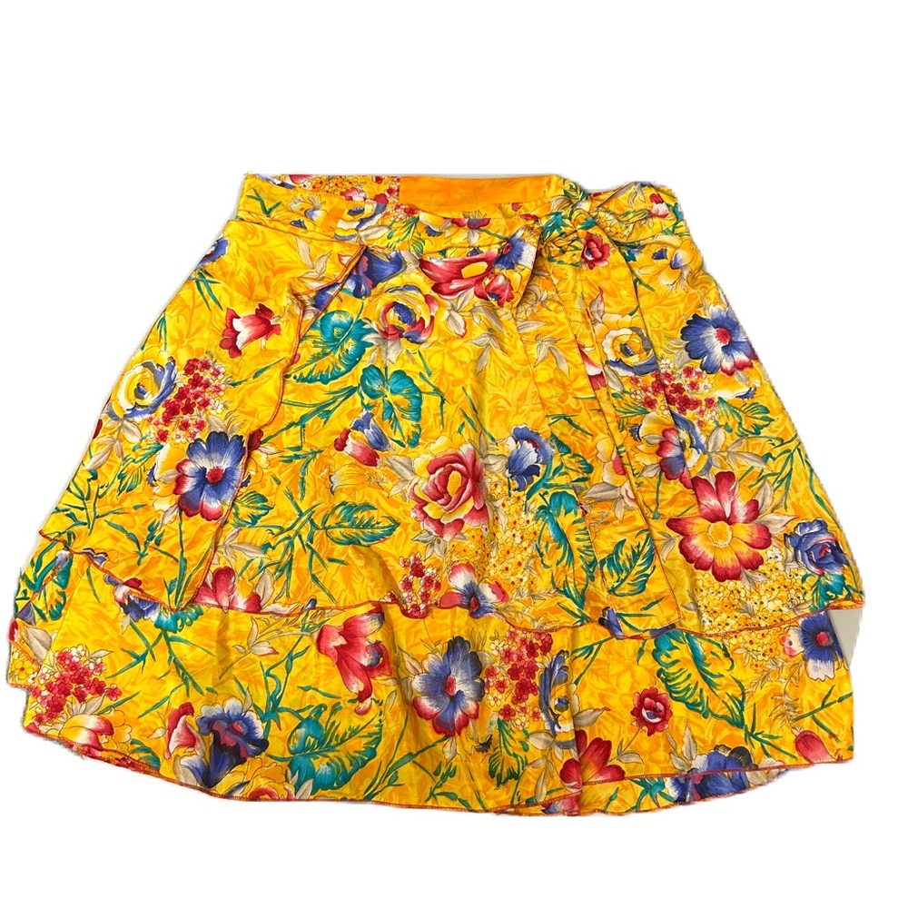 Vintage Wrap Skirt Yellow Gold Baroque Floral Layered Mini One Size Boho Cottage